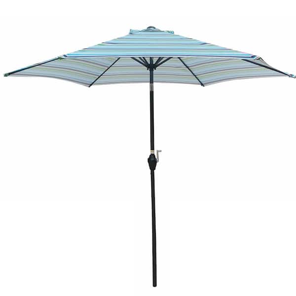 Unbranded 9 ft. Patio Market Table Umbrella with Push Button Tilt and Crank in Blue Stripes