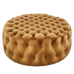 Amour Tufted Button Large Round Performance Cognac Velvet Ottoman