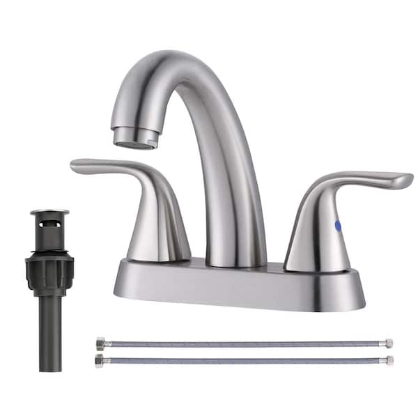 ALEASHA 4 in. Centerset Double Handle High Arc Bathroom Sink Faucet with Drain Kit Included in Brushed Nickel