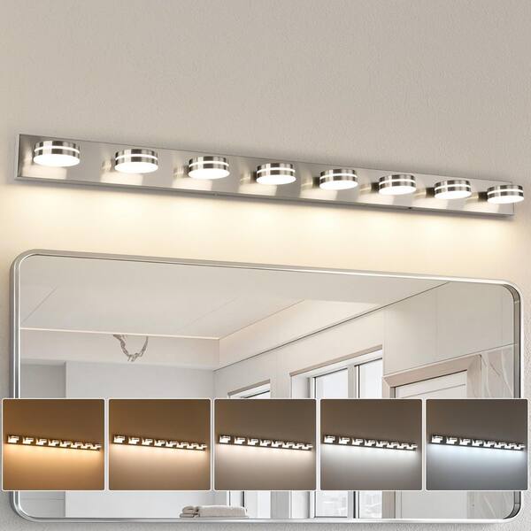 JUSHENG 63 in. 8 Light Nickel Bathroom Dimmable LED Vanity Light with 5 ...