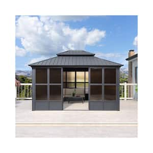 12 ft. X 14 ft. Sunroom Hardtop Gazebo Solarium Galvanized Steel Double Roof Aluminum Screen House Patio Backyard Gray