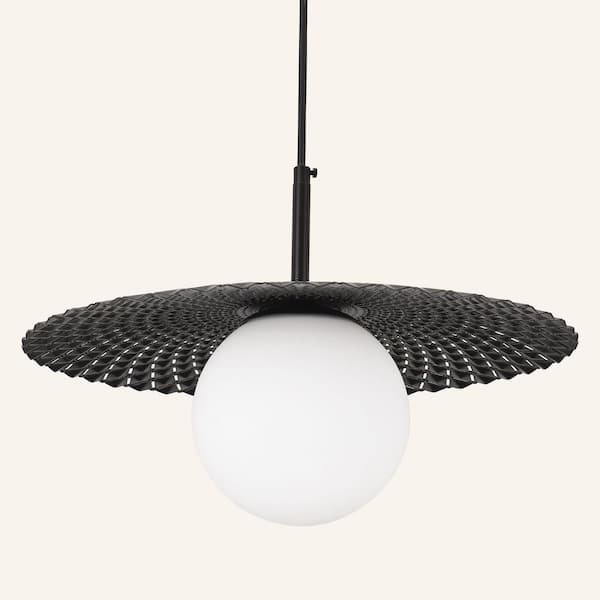 PAKOKULA 1-Light Black Diffuser Pendant Light with Metal Pleated black Shade and White Glass Shade