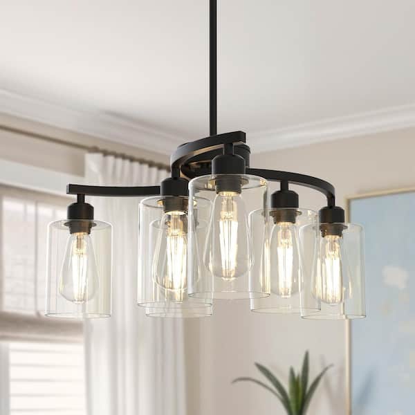 6-Light Industrial Black Chandelier with E26 and Clear Glass Shades Modern Industrial Hanging Light Fixture for Kitchen
