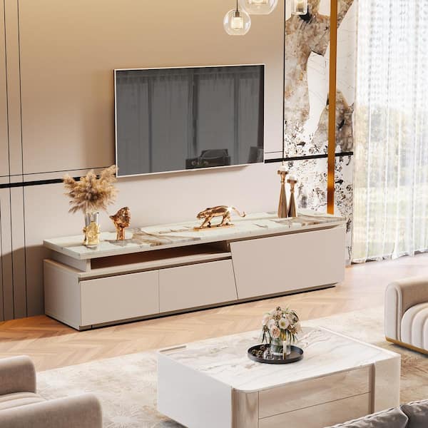 Ezlynn Wood TV Stand Entertainment Center Fits TV's up to 100 in. Beige with 3-Drawers Storage and Faux Marble