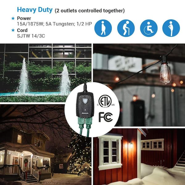 Outdoor Remote Control Outlet Switch Set, Black, 1 Remote 3 Outlets for Lamp/Lights/Fans