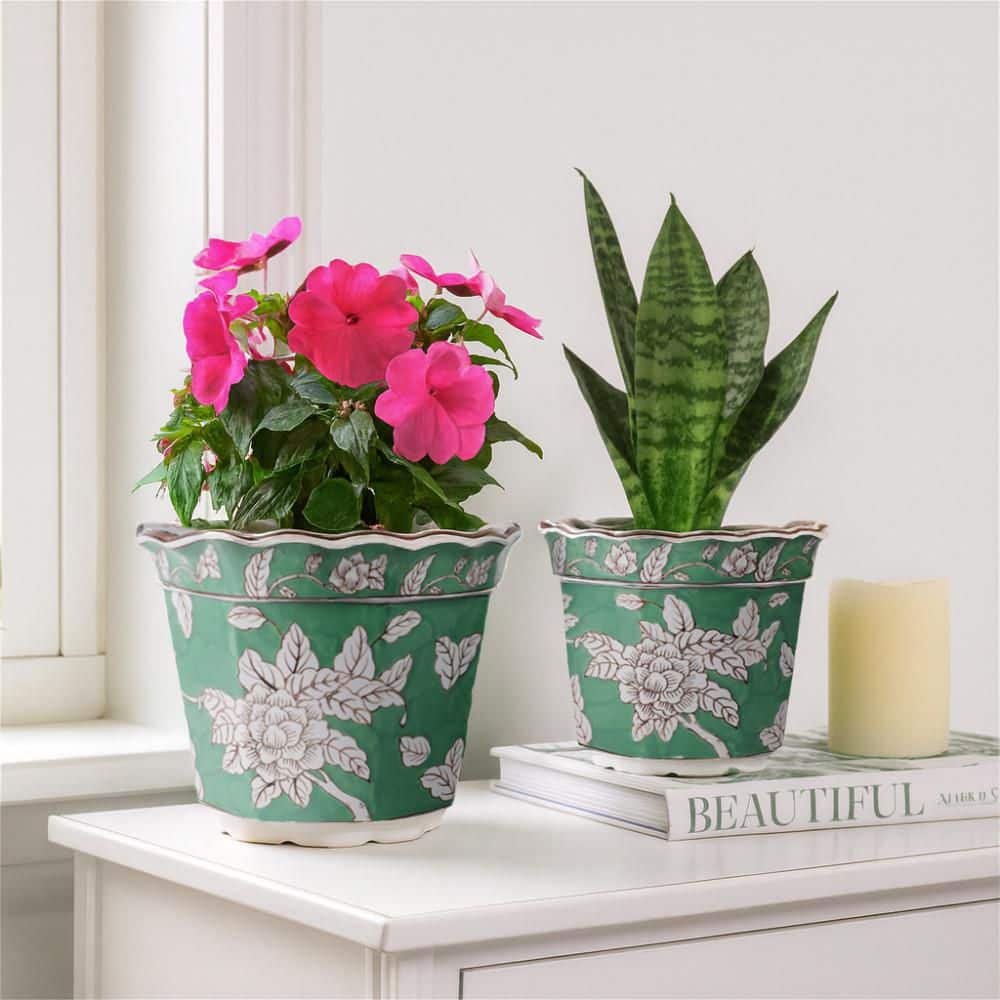 10 in. and 12 in. Green Ceramic Flower and Vine Chinoiserie Planters (Set of 2) price history on PriceWatchPro