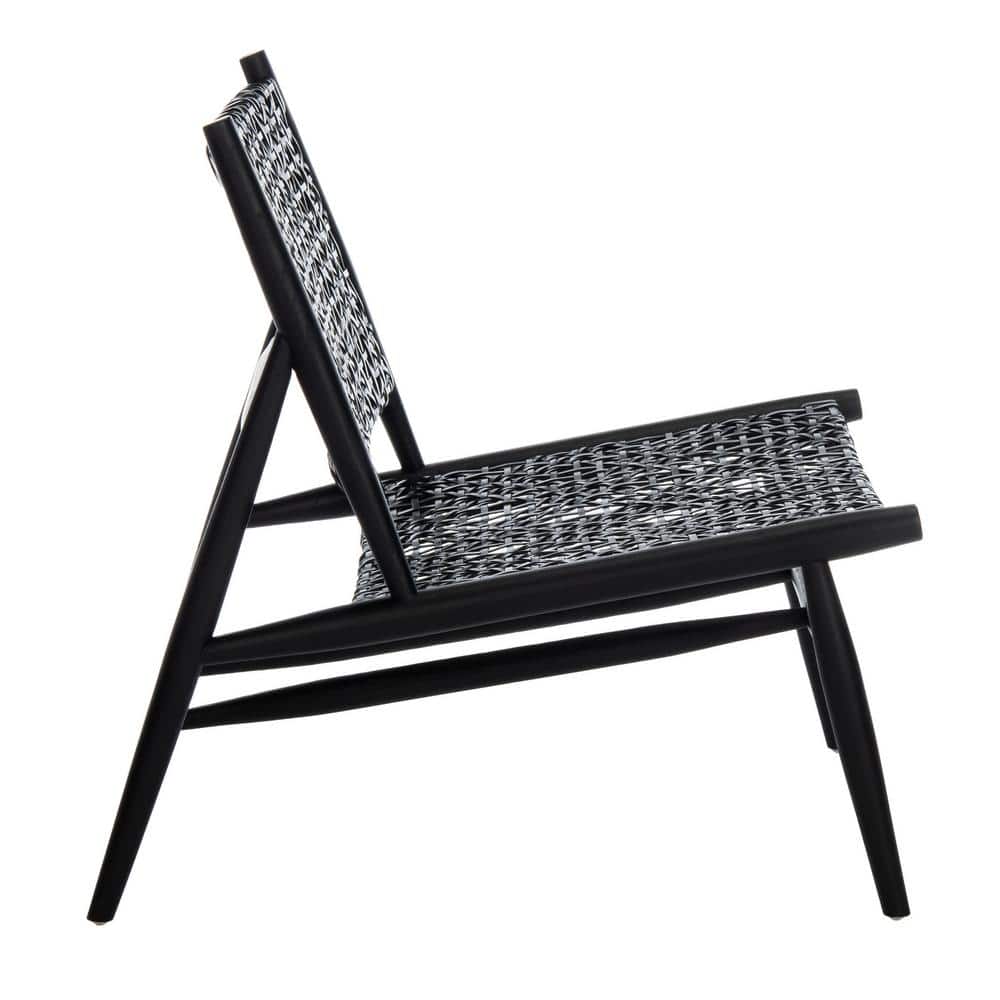 Transitional Black Leather and Wood 26'' Accent Chair
