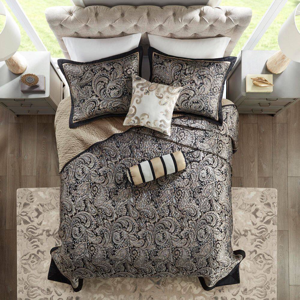 Aubrey Queen Black Cotton Reversible Jacquard Bedspread Set