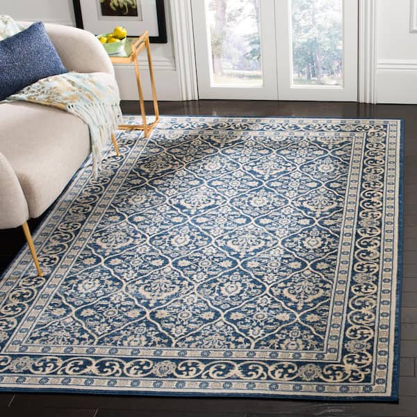 Brentwood Navy/Light Gray 7 ft. x 7 ft. Square Floral Border Geometric Area Rug