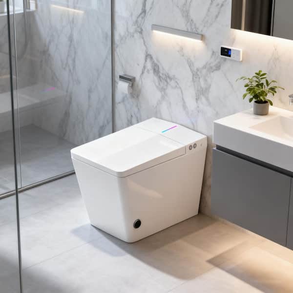 Luxury Square Bidet Toilet 1.28 GPF in White, Instant Heating Smart Toilet with Auto Lid Open, Flush and Seat Lift