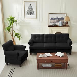 Modern 2-Piece Black Chenille Living Room Set with Nailhead Trim and Rubberwood Legs