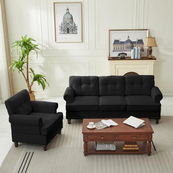 JEAREY Modern 2-Piece Black Chenille Living Room Set with Nailhead Trim and Rubberwood Legs