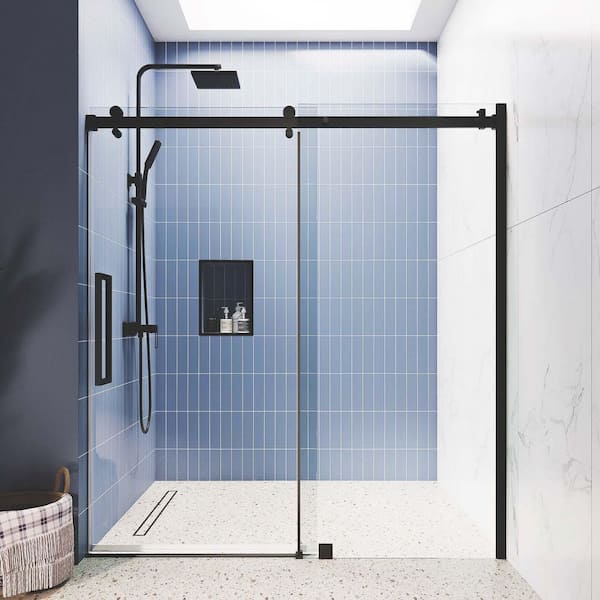SI Series 50"-54" W x75 H Contemporary Frameless Single Sliding Shower Doors 3/8" Tempered Glass in Matte Black
