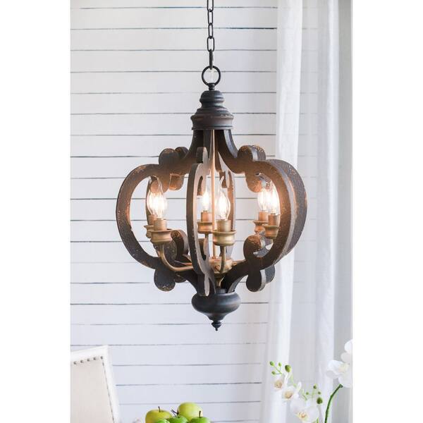 CottaIron 6-Light Distressed Black Rustic Pendant Wood Chandelier for Kitchen, Foyer, Hallway, with No Bulbs Included
