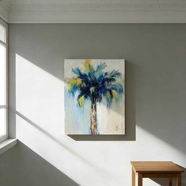 Vibrant Blue Yellow Palm Tree Unframed Canvas Art Print 32 in. x