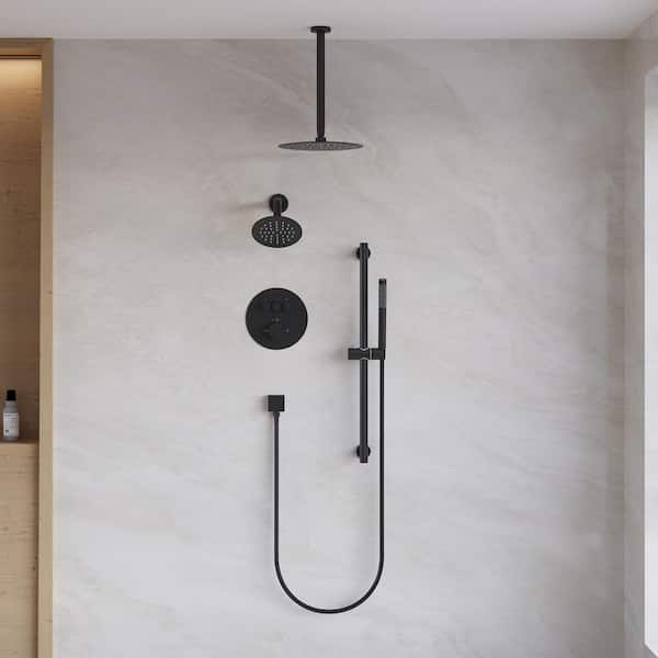 3-Function Round Ceiling Mount 10 in. and 6 in. Dual Shower Faucet System with Sliding Bar in Matte Black Valve Included