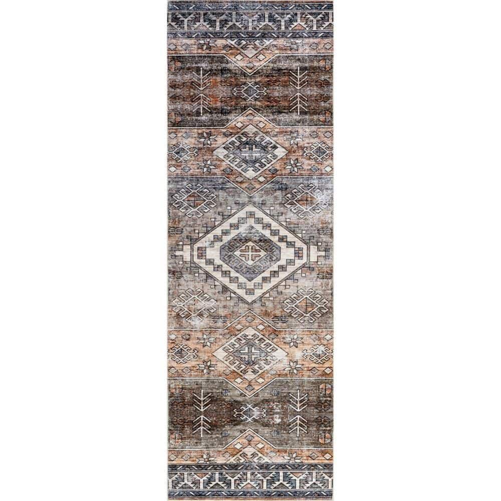 Rust Footprints Rug nuLOOM Faded Geometric Spill Proof Washable Rust 3 ft. x 12 ft. Indoor ...