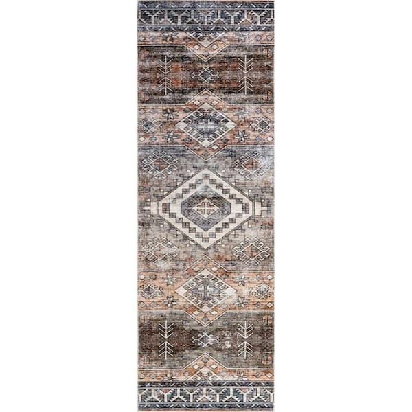 Faded Geometric Spill Proof Washable Rust 3 ft. x 12 ft. Indoor Area Rug