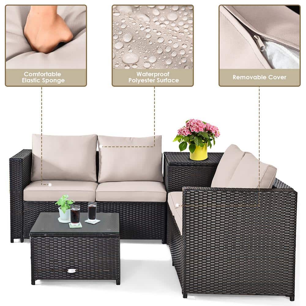 Brown 4-Piece Rattan Wicker Outdoor Patio Set with Cushions