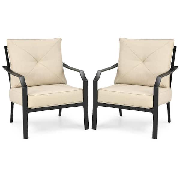 Cushioned Metal Outdoor Patio Dining Chair Set with Padded Cushions Armrest Steel Frame (2-Pack)