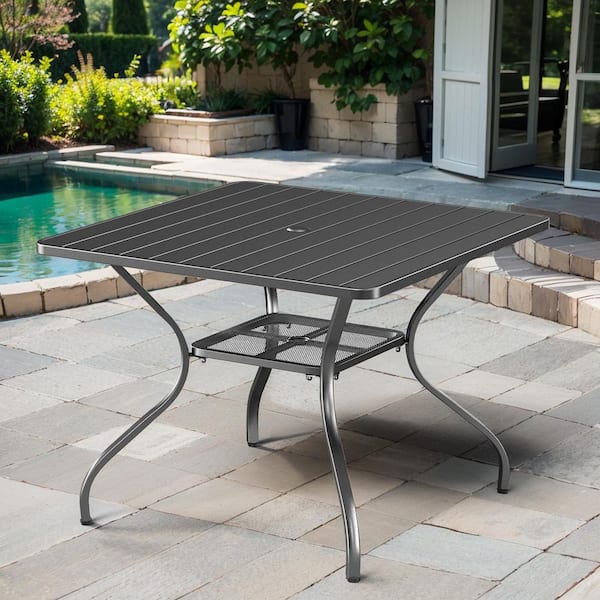 Komodo Black (37 in. Width) 4-Person Square Metal Outdoor Dining Table (28 in. Height) with Umbrella Hole and Storage