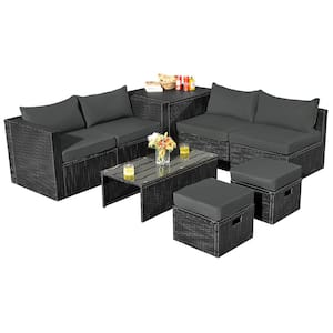 8-Piece Wicker Patio Conversation Set Storage Table Ottoman with Grey Cushions