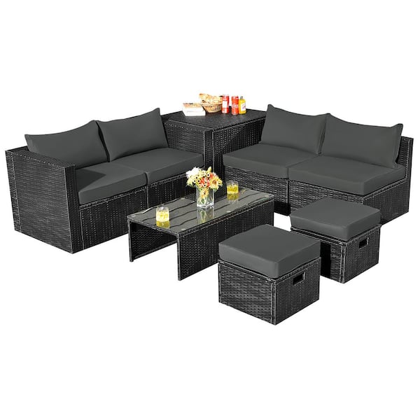 Costway 8-Piece Wicker Patio Conversation Set Storage Table Ottoman with Grey Cushions