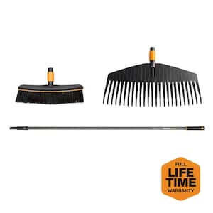 3-Piece Quikfit Leaf Rake and Broom Attachments Garden Tool Set