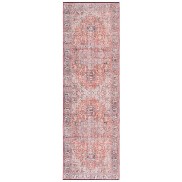 SAFAVIEH Tucson Rust/Navy 3 ft. x 8 ft. Machine Washable Floral Border Runner Rug