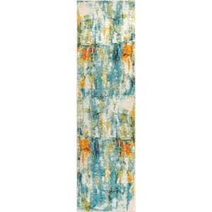Contemporary POP Modern Abstract Waterfall Blue/Cream 2 ft. 3 in. x 8 ft. Runner Rug