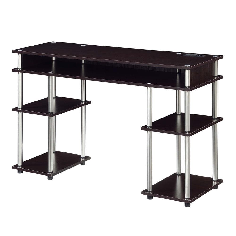 Espresso Modern Writing Desk with USB Charging Station and Shelves