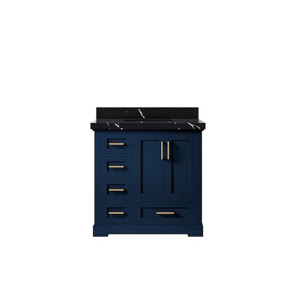 Willow Collections Boston 36 in. W x 22 in. D x 36 in. H Single Sink Bath Vanity Center in Navy Blue with 2 in. Calcutta Black Qt. Top