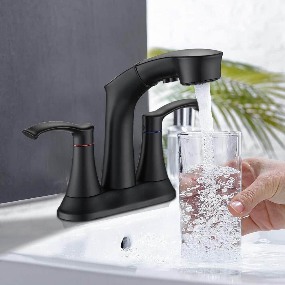 Centerset Faucet 2-Handle 4 in. Bathroom Faucet with Pull Out Sprayer Stain