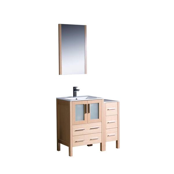 Fresca Torino 36 in. Vanity in Light Oak with Ceramic Vanity Top in White with White Basin with Mirror and 1 Side Cabinet