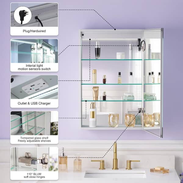 WELLFOR 20 in. W x 30 in. H Rectangular Aluminum Recessed or Surface Mount Medicine Cabinet with Mirror,LED Lights,Defog,3 Shelf