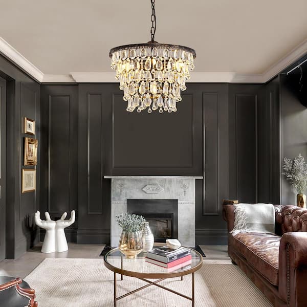 コレクション 7C WDETR 27 in. Black 6-Light Crystal Rustic Chandelier with Remote