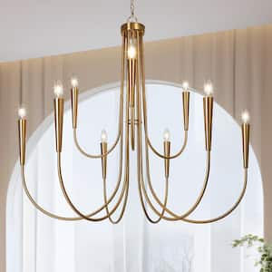 Classic 9-Light Plating Brass 2-Tier Candlestick Island Chandelier with Curvy Arms for Kitchen Dining Rooms