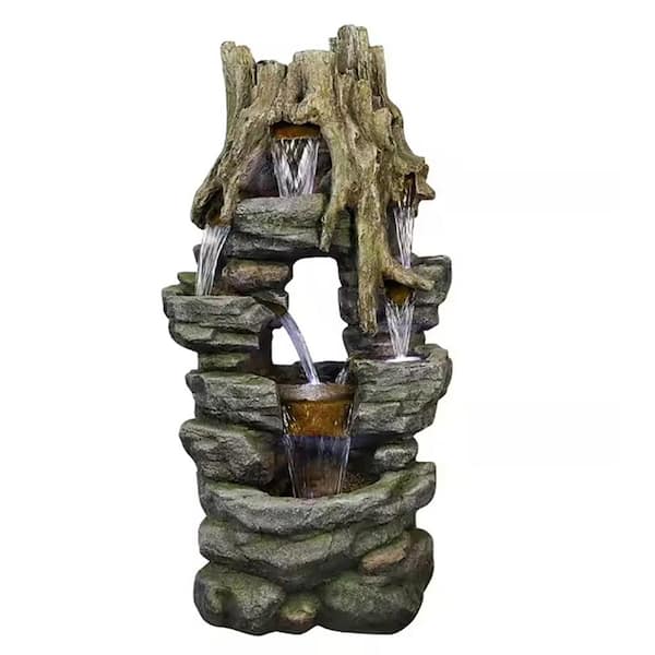 47 in. Tall 5-Tier Rainforest Rock Water Fountain with LED Lights for ...