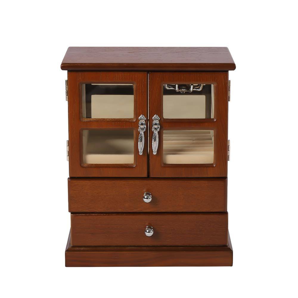 YIYIBYUS Brown Wood Rectangular Double Door Jewelry Organizer Box with