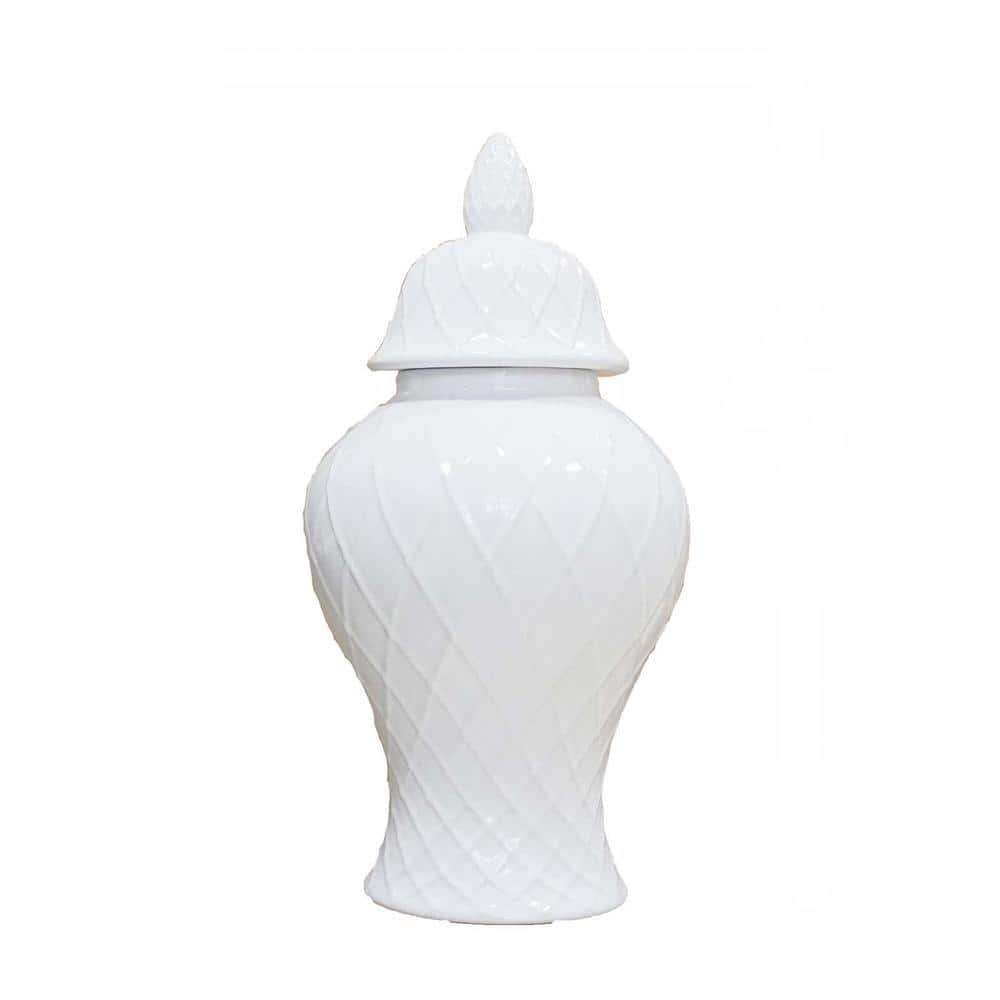 16.5 in. x 8 in. Elegant White Ceramic Decorative Ginger Jar with Lid and D