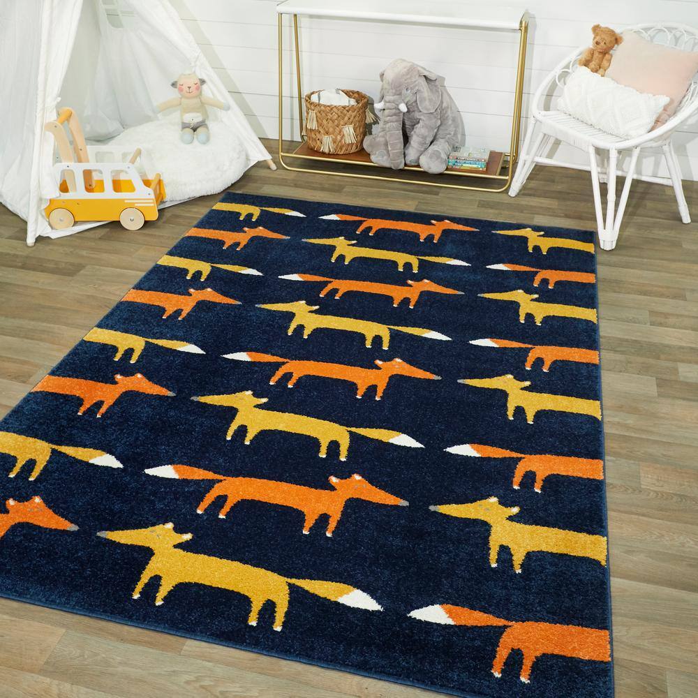 Blue 4' x 6' Synthetic Kids' Rug with Fox Print