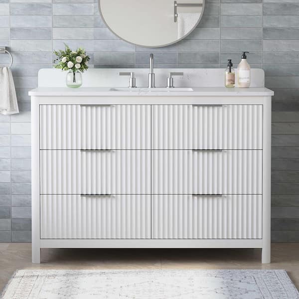 DELUXE DL LIVING Gwen 49 in. Single Sink Freestanding White Bath Vanity with Carrara White Engineered Stone Top and Backsplash Assembled