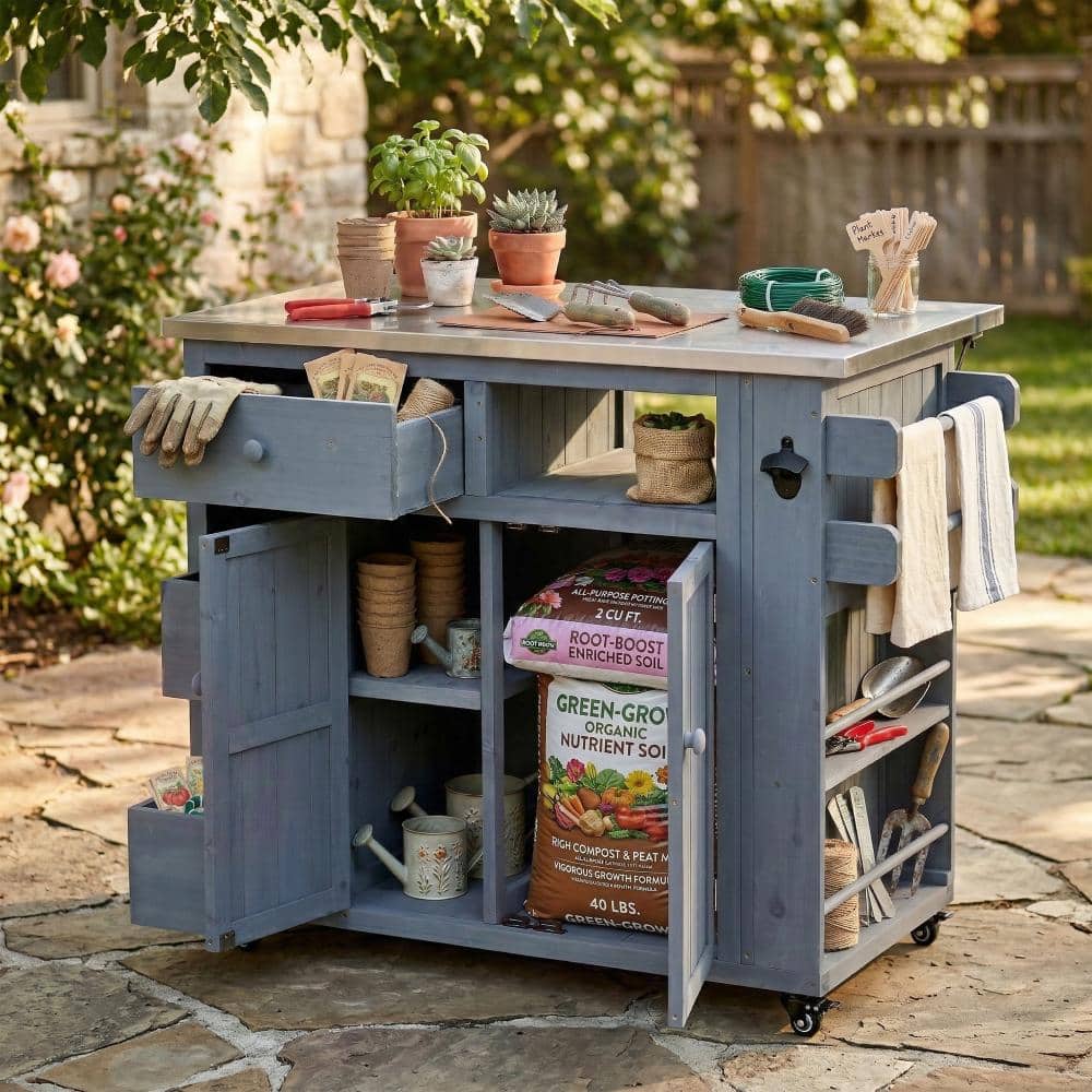 HomeAura Gray Extendable Outdoor Grill Cart with Drawers
