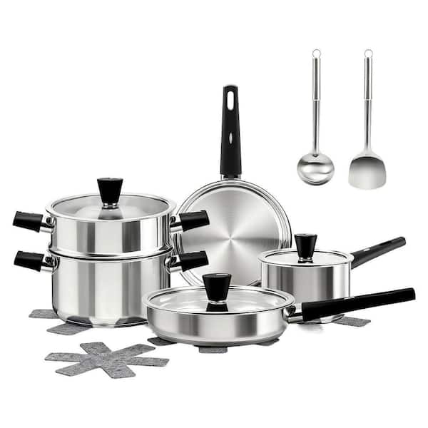 14-Piece Stainless Steel Cookware Set Non-Toxic Tri-Ply Induction Compatible Pots and Pans with Stay-Cool Handles