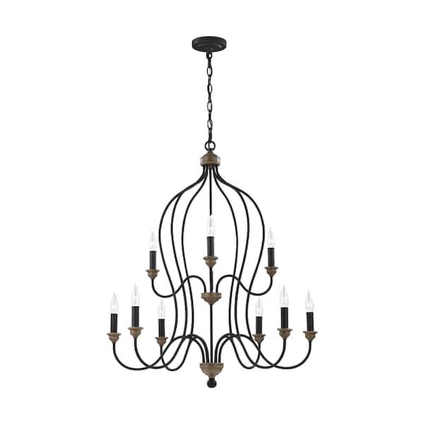 Generation Lighting Hartsville 9-Light Dark Weathered Zinc and Weathered Oak Traditional Farmhouse Candlestick Chandelier with LED Bulbs