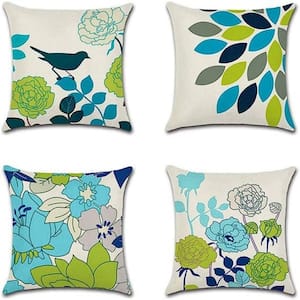 18 in. x 18 in. Blue Green Decorative Outdoor Throw Pillow Covers Flowers and Birds Waterproof Cushion Covers (Set of 4)