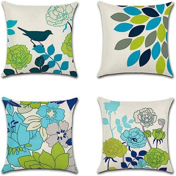 Unbranded 18 in. x 18 in. Blue Green Decorative Outdoor Throw Pillow Covers Flowers and Birds Waterproof Cushion Covers (Set of 4)