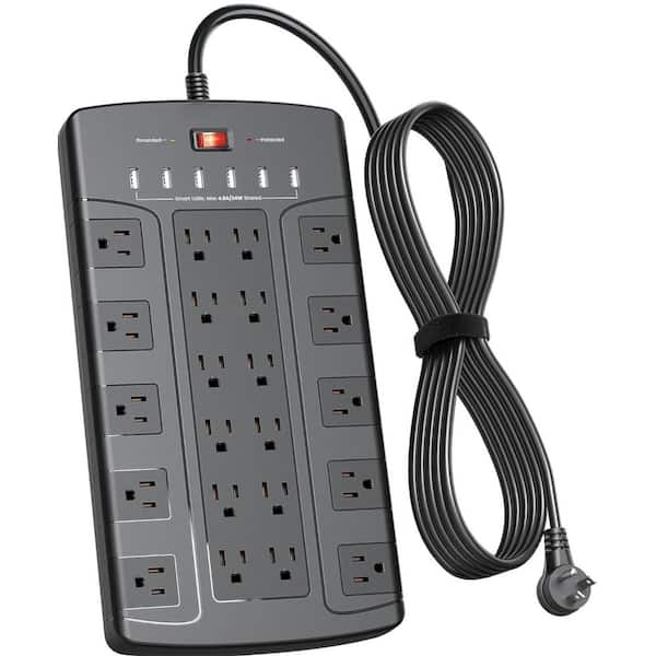 6.5 ft. Extension Cord Flat Plug 22-Outlets Surge Protector Power Strip with 6 USB-A Ports in Black