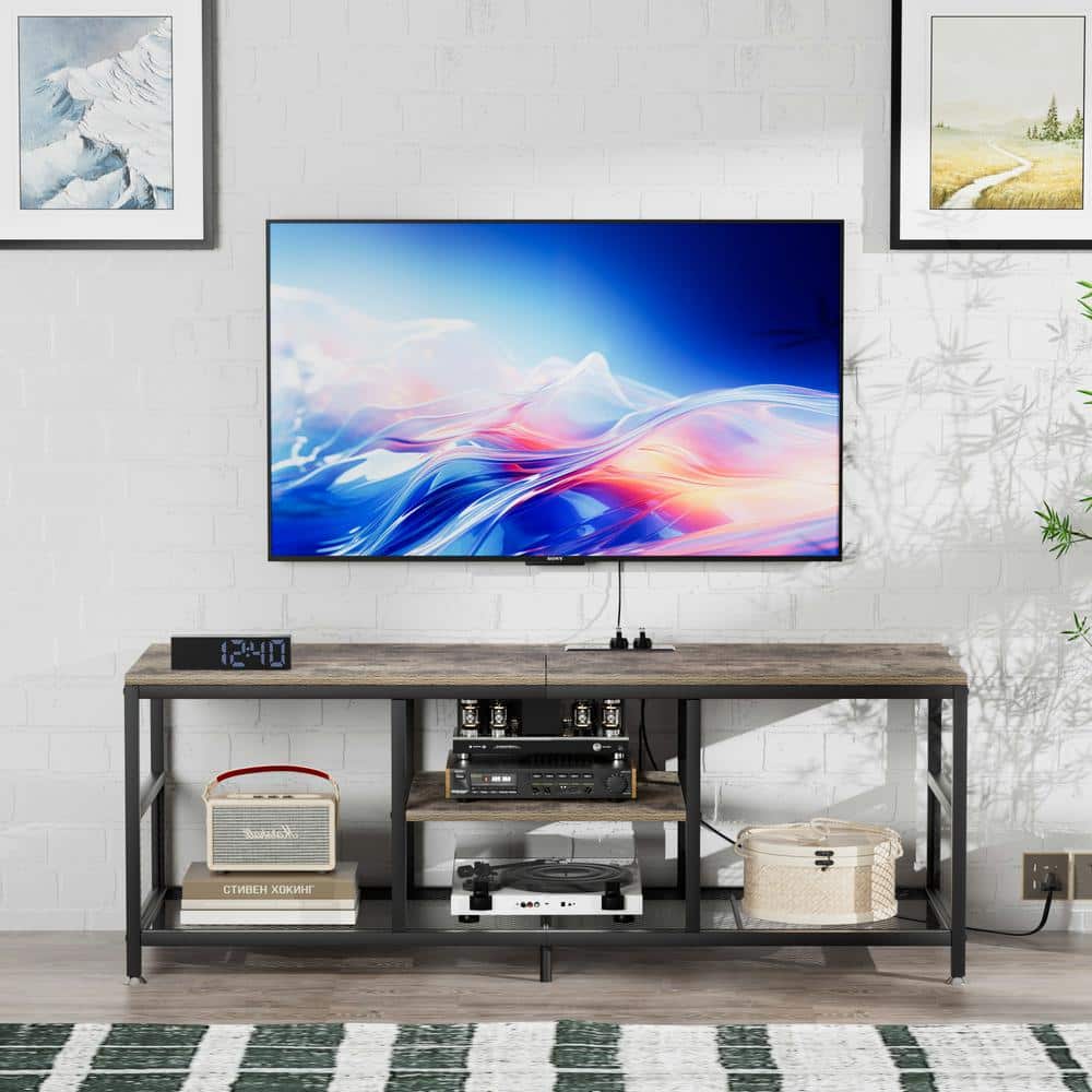 TV Stand with Power Outlets for Televisions up to 65", 55" Media Entertainment Center with 3-Tier Open Shelves Gray