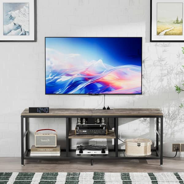 VECELO TV Stand with Power Outlets for Televisions up to 65", 55" Media Entertainment Center with 3-Tier Open Shelves Gray
